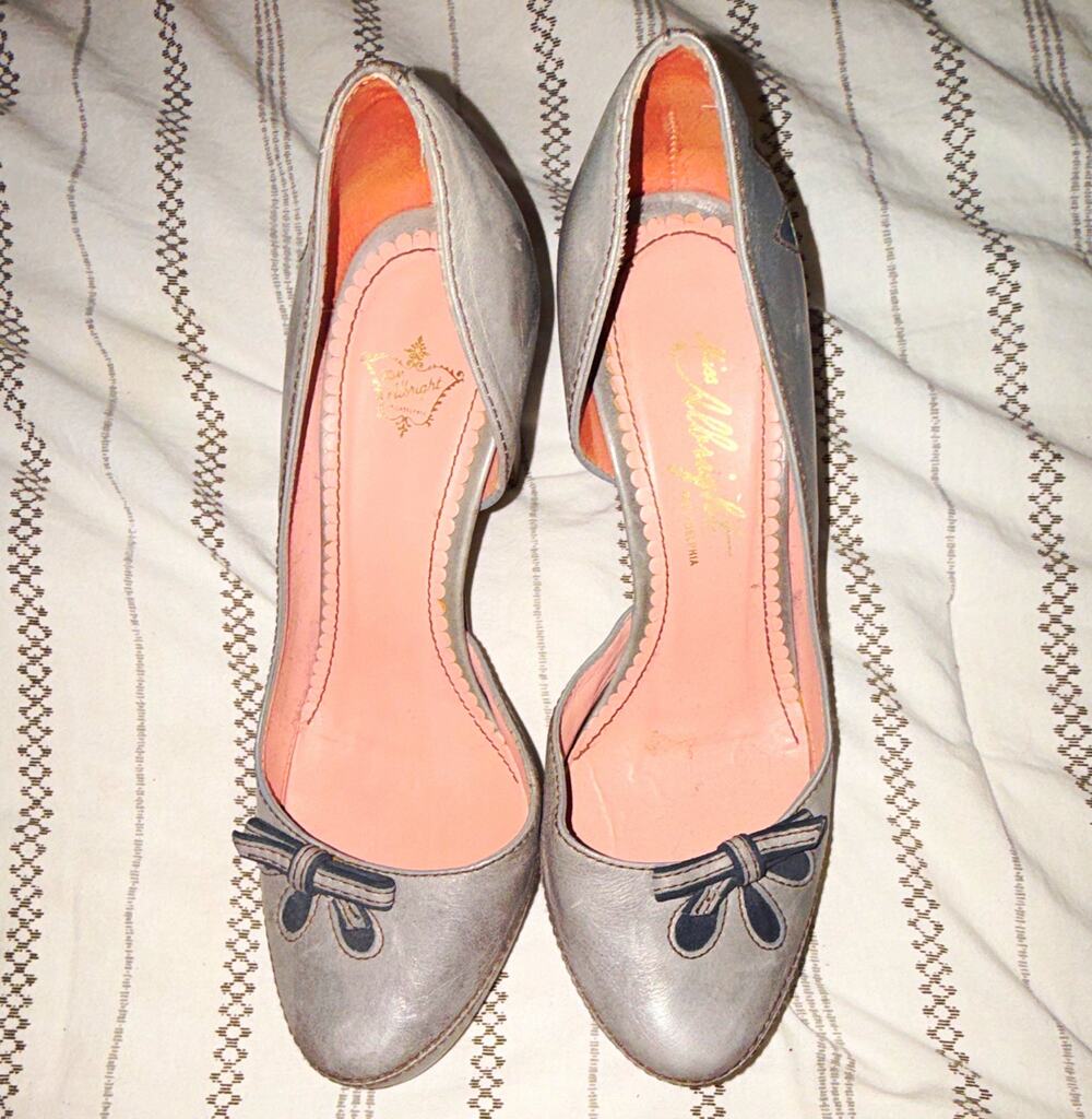 Anthropologie Miss Albright Womens Gray Leather Platform Pumps Block Heel 7.5